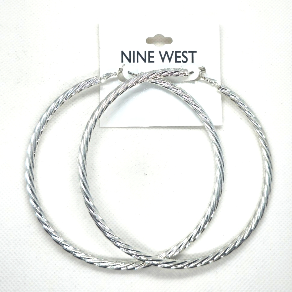 NWT Nine West Silver Textured Super Large Hoop Earrings For Pierced Ears - 3.75"